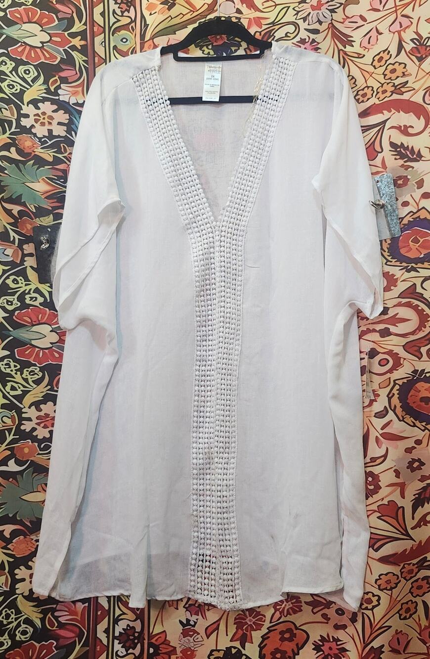 NWT Plus Size 2X White Embroidered Kaftan Bathingsuit coverup long relaxed fit